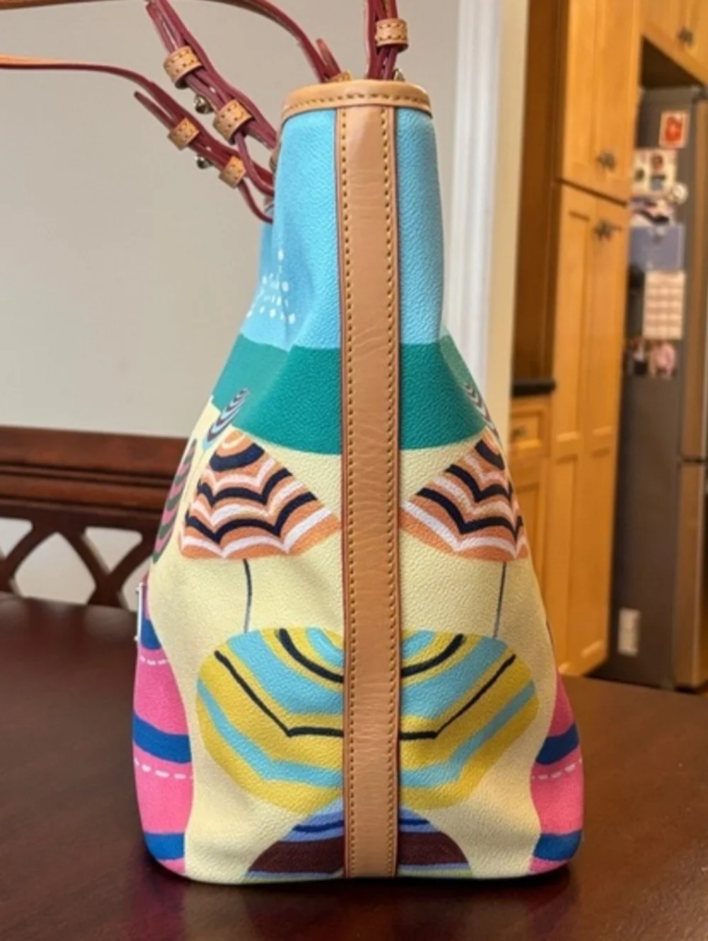 Dooney & Bourke Blue Multicolor Umbrella Print Canvas Tote with Tan Leather Trim - Picture 3 of 11